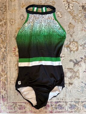 Sylvia P Green and Black Circle of Stars High Neck Halter Leotard